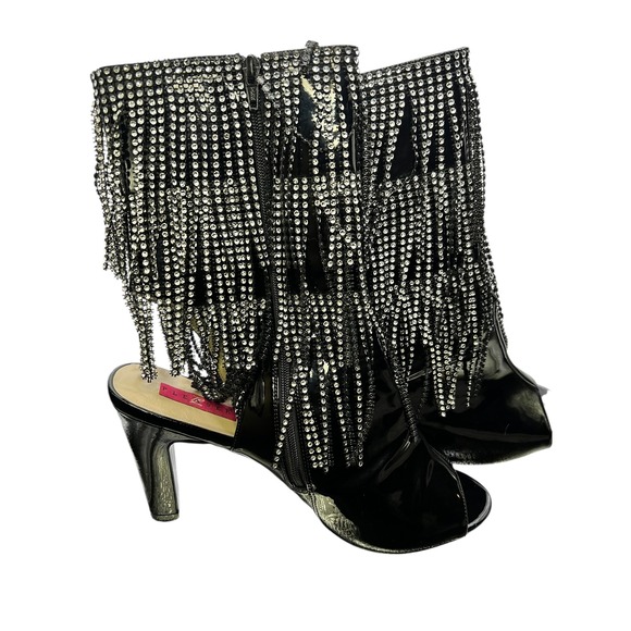 Pleaser Queen-100 Rhinestone Fringe Ankle Boots Black Open Toe Heels Party - Picture 8 of 11